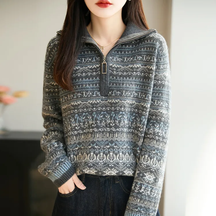 品牌时尚女装秋冬费尔岛半拉链领羊毛针织衫女复古宽松毛衣加厚