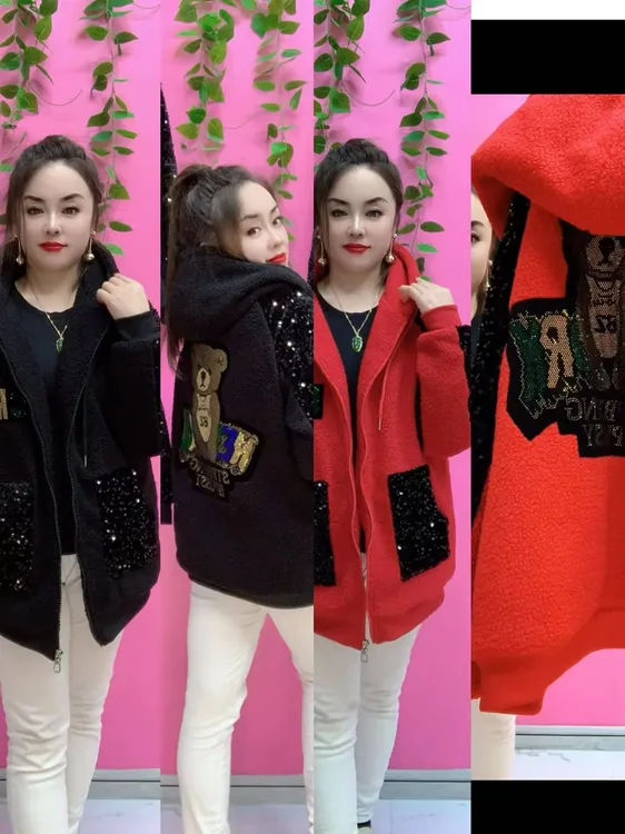 颗粒绒加棉连帽显瘦冬季外套女