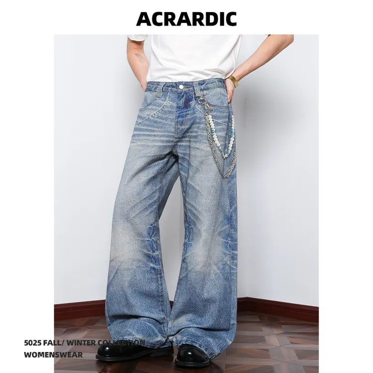 ACRARDIC潮牌美式3D吊坠打印牛仔裤男街头vibe水洗做旧直筒裤子潮