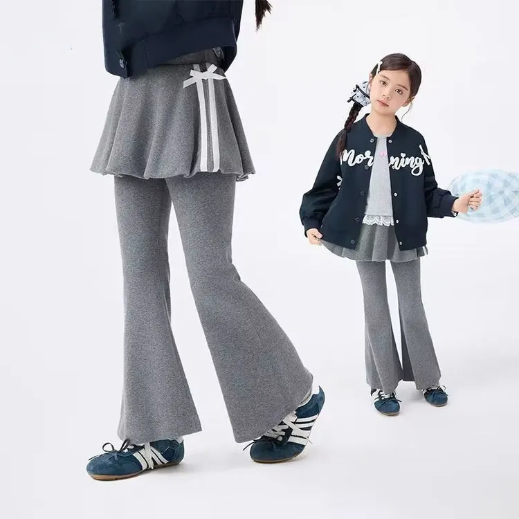 女童时尚喇叭裤蝴蝶结装饰2025秋季中大童女孩甜美假俩件休闲裤子