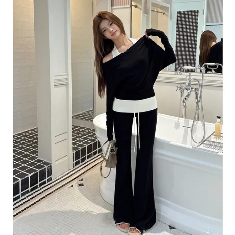 气质秋冬新款挂脖假两件上衣一字肩卫衣女微喇长腿休闲裤套装