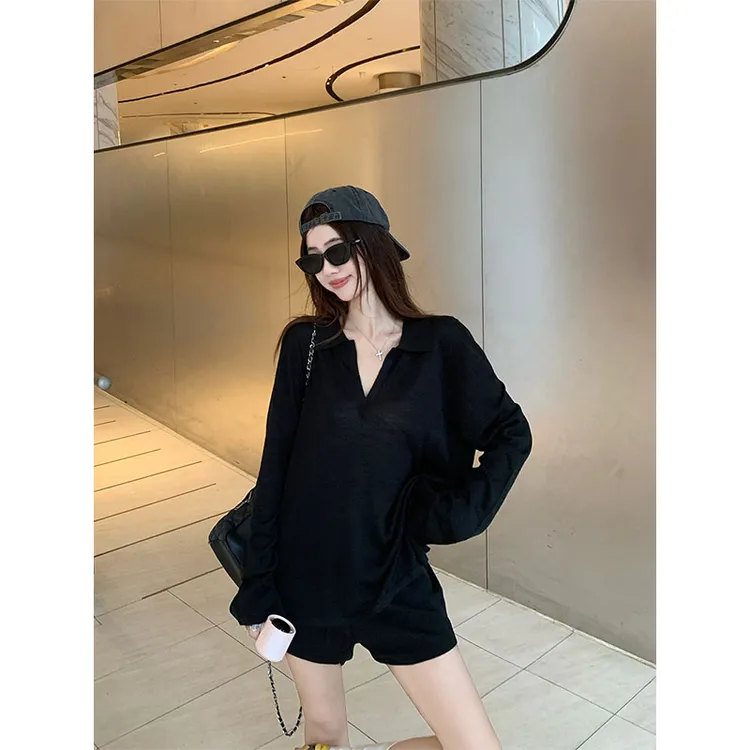 夏季INS风设计感小众洋气休闲百搭长袖T恤上衣高腰直筒短裤套装女