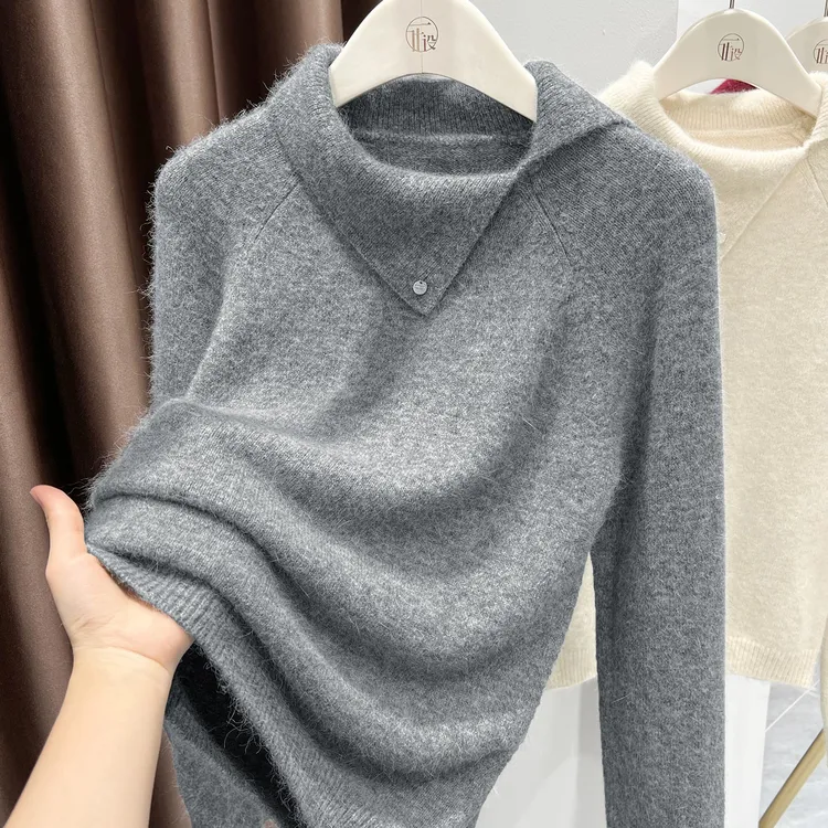 灰色设计感翻领针织上衣女秋冬新款洋气长袖打底衫不规则软糯毛衣