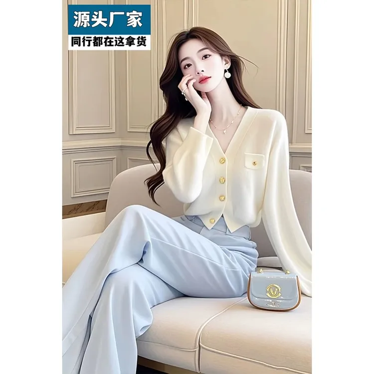 梵乐芬时尚套装女宽松秋季新款开衫针织外套搭配高腰直筒西装裤两