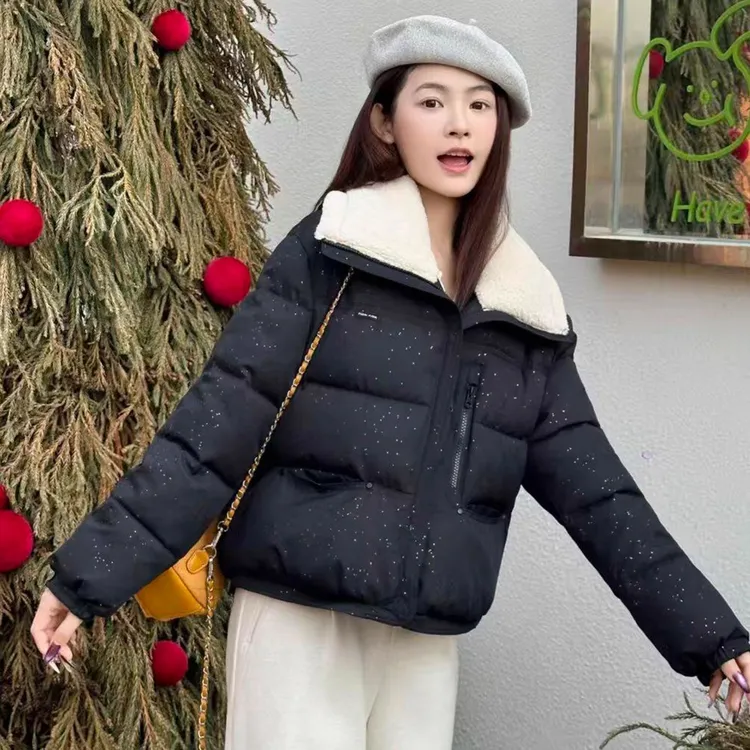 时尚毛翻领短款棉服女2025冬季新款加绒加厚显瘦小个子上衣潮1517