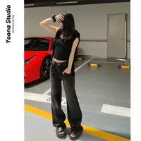 【U娜】百搭水显瘦洗黑色大口袋V型腰直筒牛仔裤