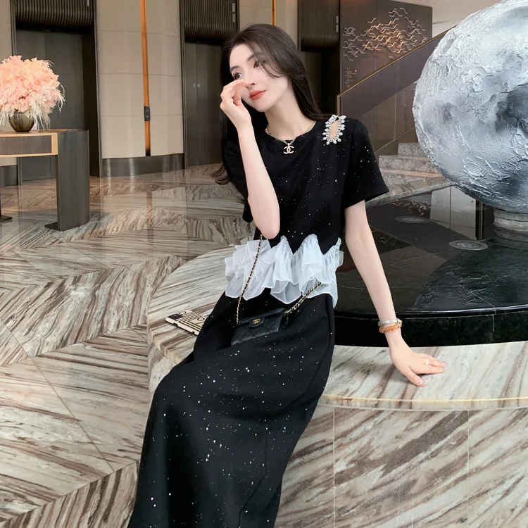 小香风黑色露肩连衣裙女2025夏装显瘦气质轻奢高级感假两件长裙子