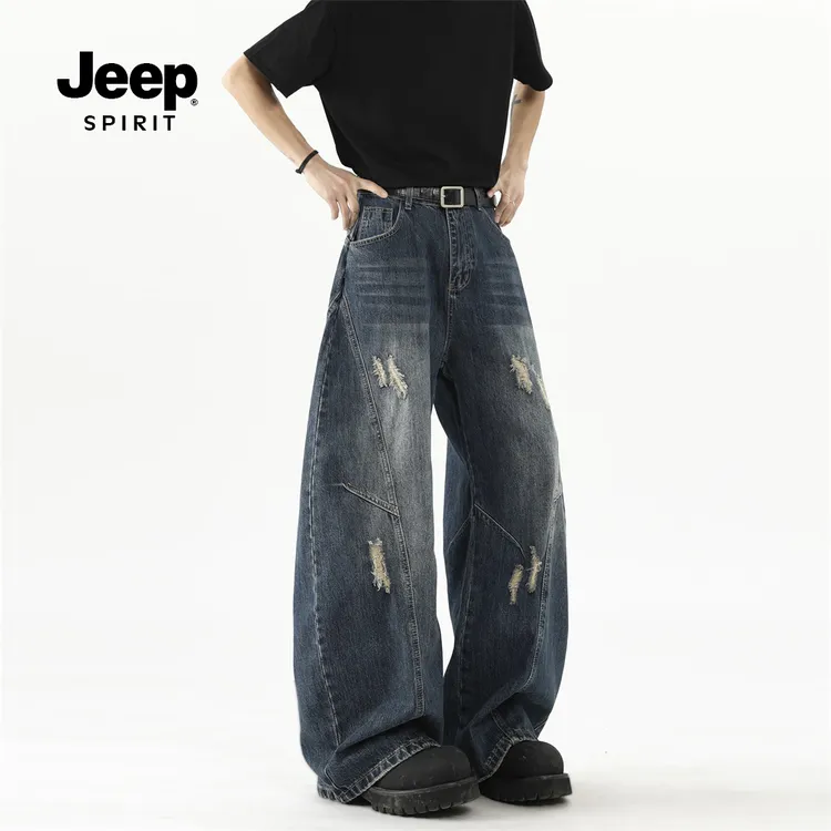 JEEPSPIRIT美式复古破洞弯刀牛仔裤男女潮牌设计感宽松