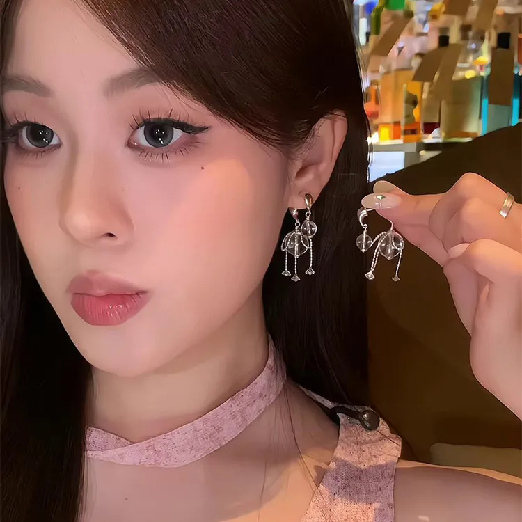 铜合金仿水晶耳饰 前后拆分耳钉女仿水晶蝴蝶结流苏耳饰新款耳环