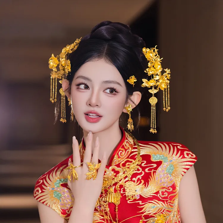 合金婚庆饰品 新娘贵气全金色百搭减龄龙凤褂旗袍中式发饰MT0148