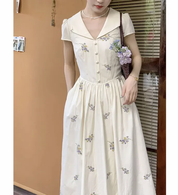 法式复古刺绣茶歇连衣裙女装温柔风甜美长裙子夏季#8837