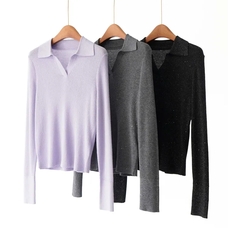 【YS12139】优雅气质翻领绵羊毛亮片银丝百搭显瘦套头针织衫25秋
