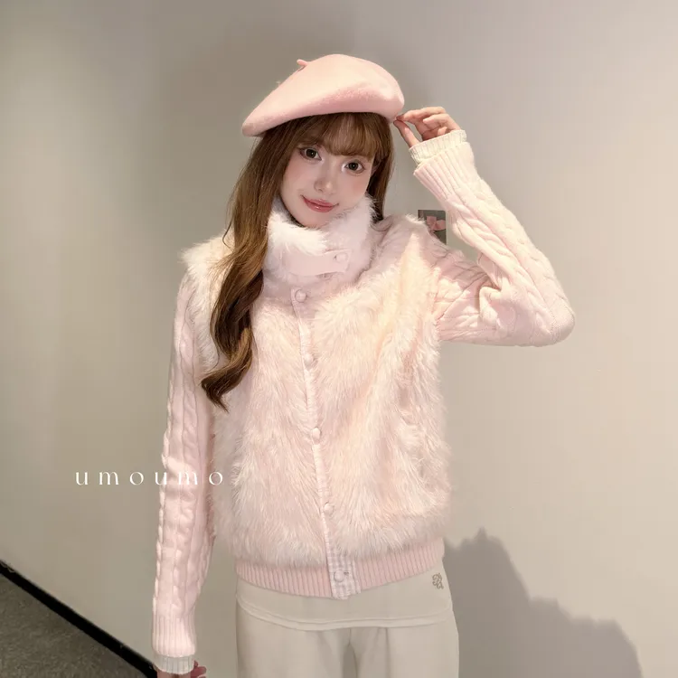 umoumo乌蘑百搭原创设计针织拼接仿貂毛棉服短款外套UMOWT241975