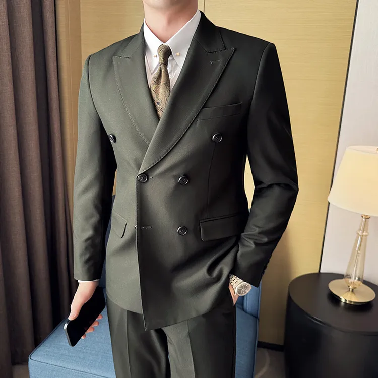 高级感暗条纹西装套装咖啡色墨绿色黑色西服男士结婚礼服商务休闲