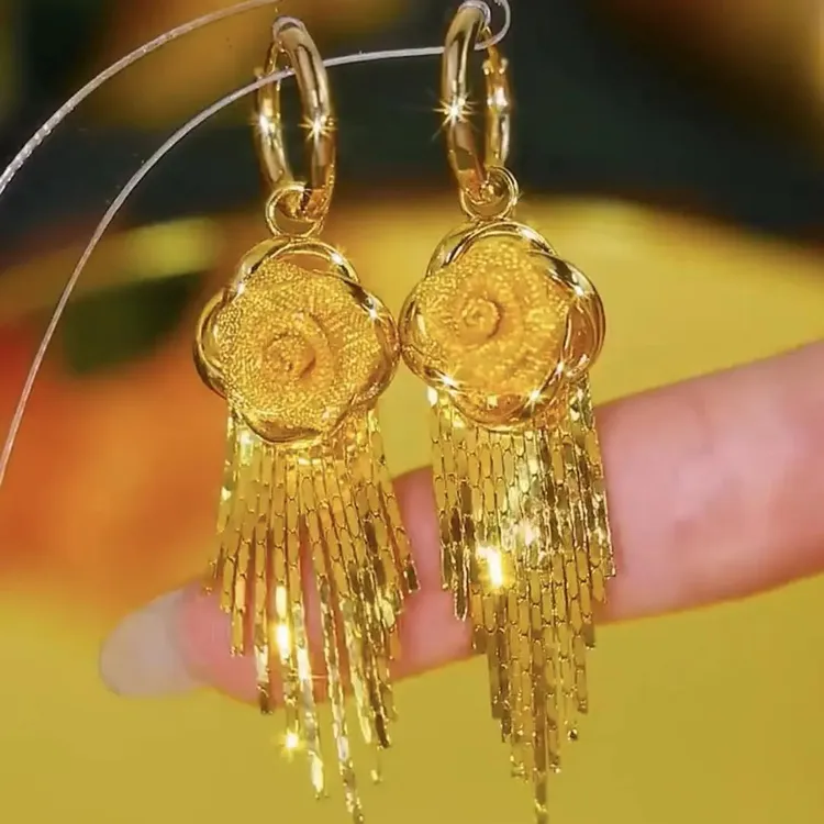 铜合金耳饰  2025高档奢华【金色玫瑰佳人】流苏耳环