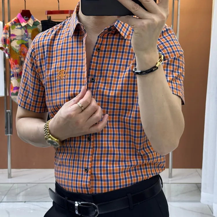 衬衣薄款无工艺短袖夏季男士格子衬衫休闲衬衫格子韩版男装男款