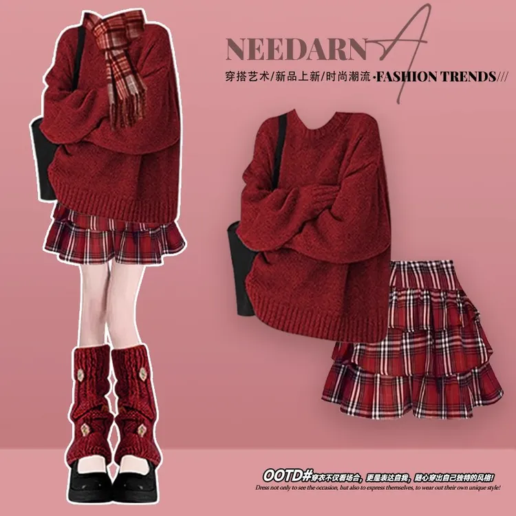 冬季一整套穿搭高级感红色蓬蓬裙子女巨好看的圣诞战袍毛衣连衣裙