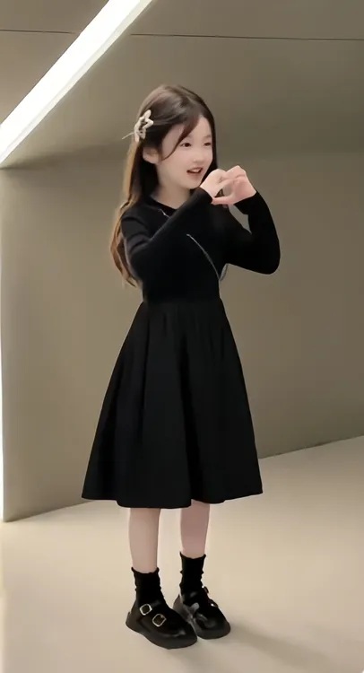 女童长袖小黑裙蓬蓬裙公主裙2025秋季新款小女孩赫本风气质连衣裙