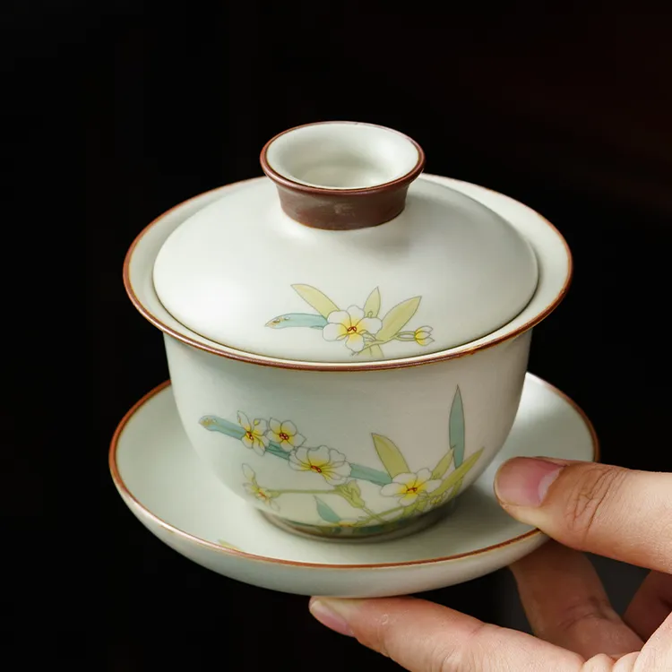 汝窑天青三才盖碗茶具可悬停旋转茶杯家用陶瓷开片可养茶碗