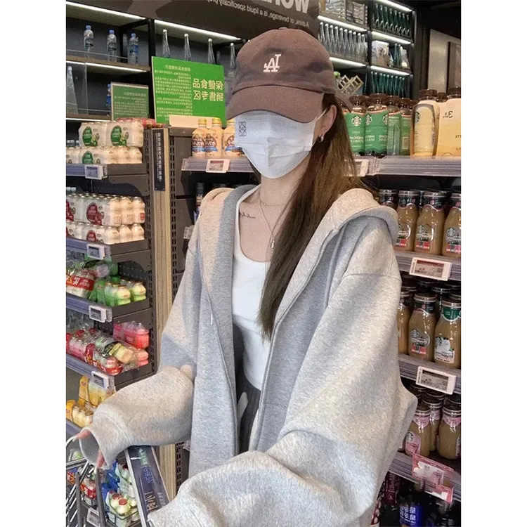 美式灰色宽松慵懒风连帽卫衣外套女秋冬爆款2025新款百搭拉链上衣