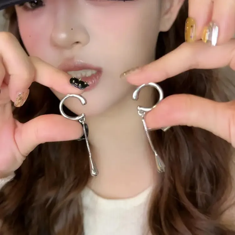 铜合金耳饰 轻奢ins冷淡风百搭简约长款流苏链条水滴无耳洞耳骨夹商品图