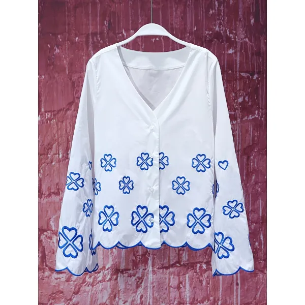 【韩哥女装】夏季月光白重工刺绣时尚休闲轻薄小众阔版衬衫8123