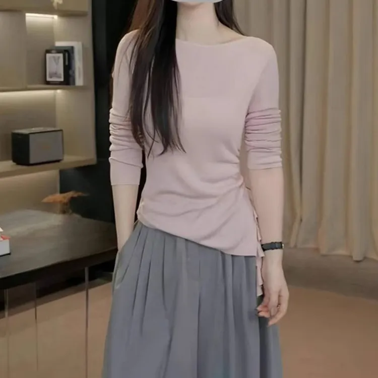 独特一字领荷叶边开叉长袖打底T恤衫女早秋新款气质修身显瘦上衣