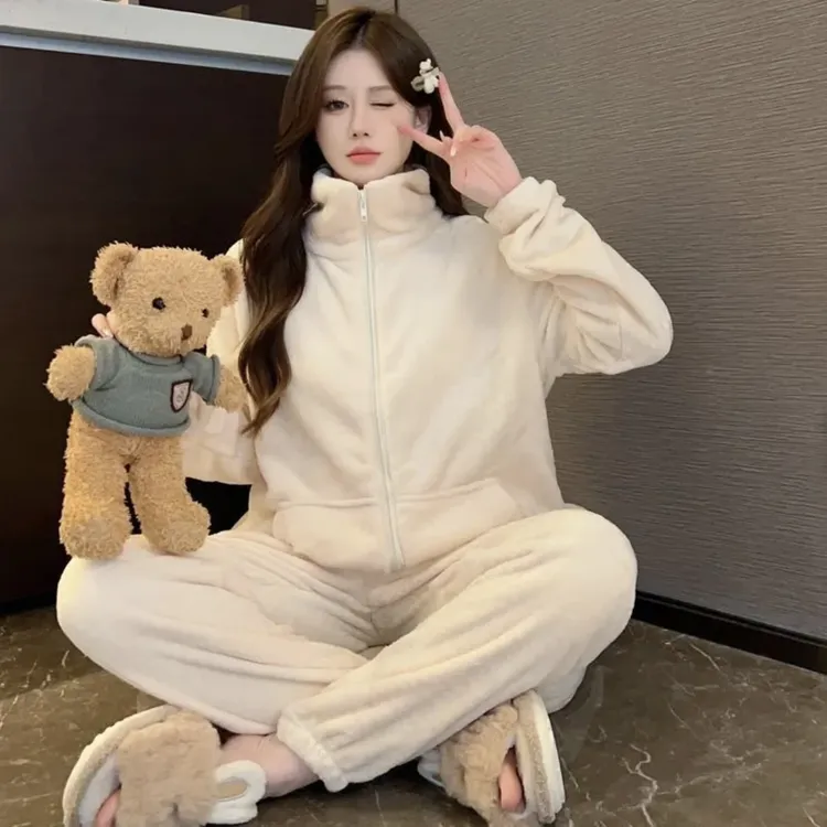 家居服套装法兰绒睡衣舒适保暖拉链立领可外穿运动时尚