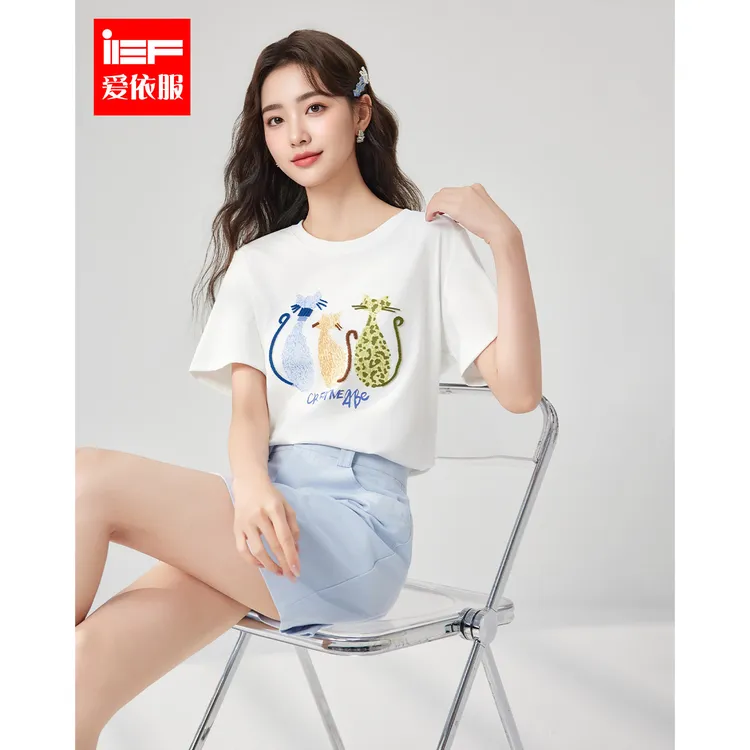 IEF/爱依服短袖上衣2025夏季新款韩版印花通勤气质T恤女流光风