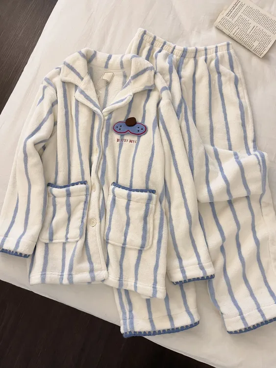 【DMXJ大梦想家】韩系甜美休闲条纹珊瑚绒睡衣女冬可外穿家居服套装