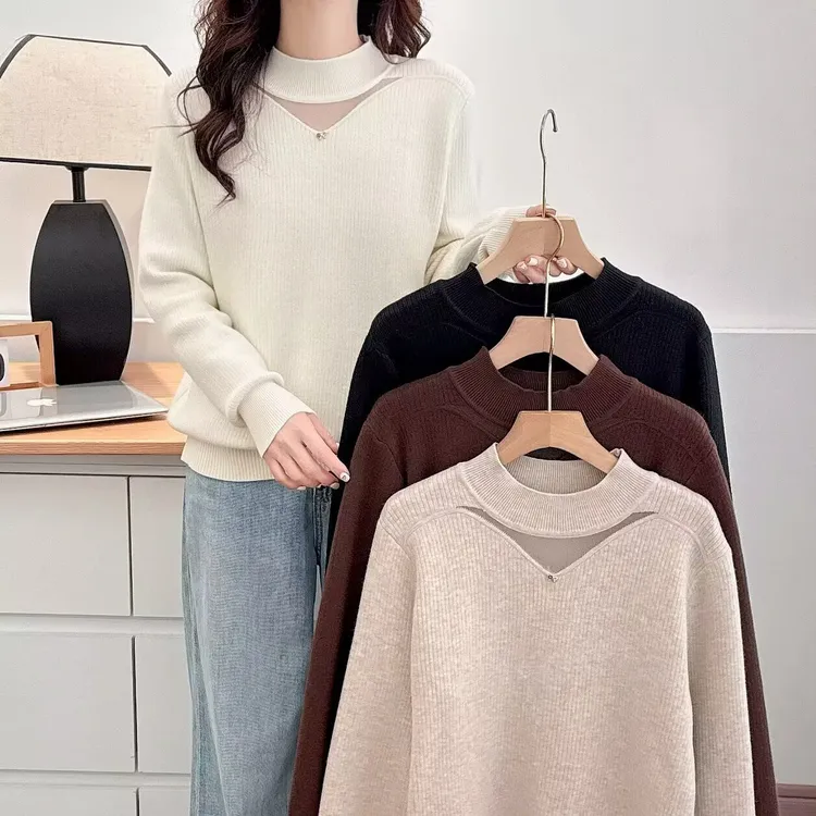 大码胖mm冬装新款半高领加绒加厚针织衫女显瘦镂空毛衣上衣2486