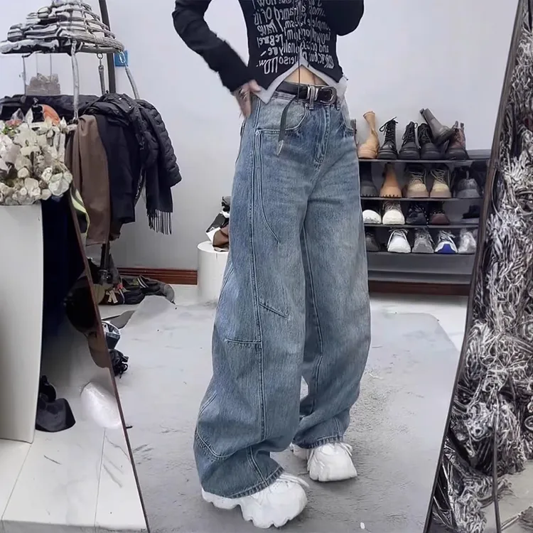 复古休闲弯刀牛仔裤女直筒新款大码梨形身材高腰宽松显瘦阔腿裤子