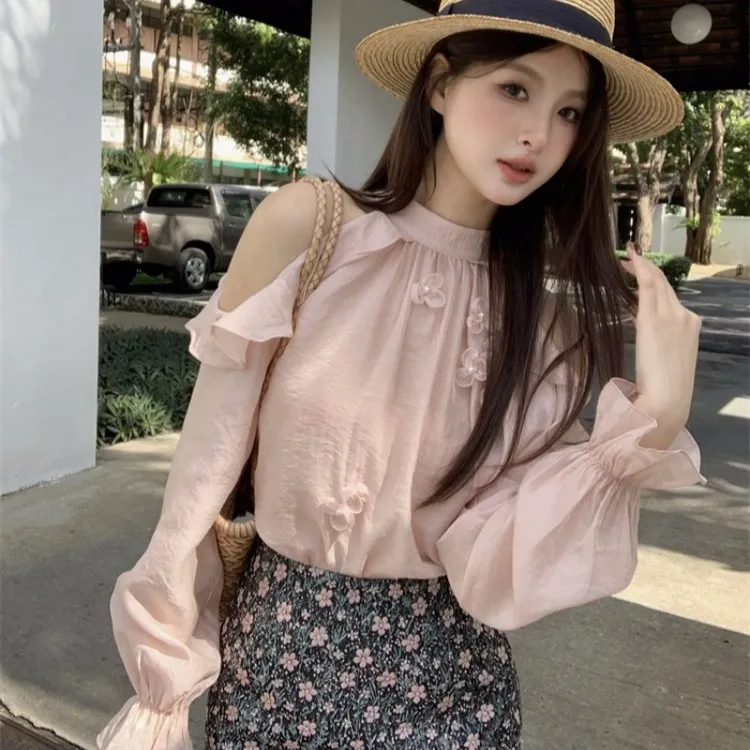 秀熙熙2025春季新款韩版百搭气质花朵雪纺长袖衬衫女上衣女