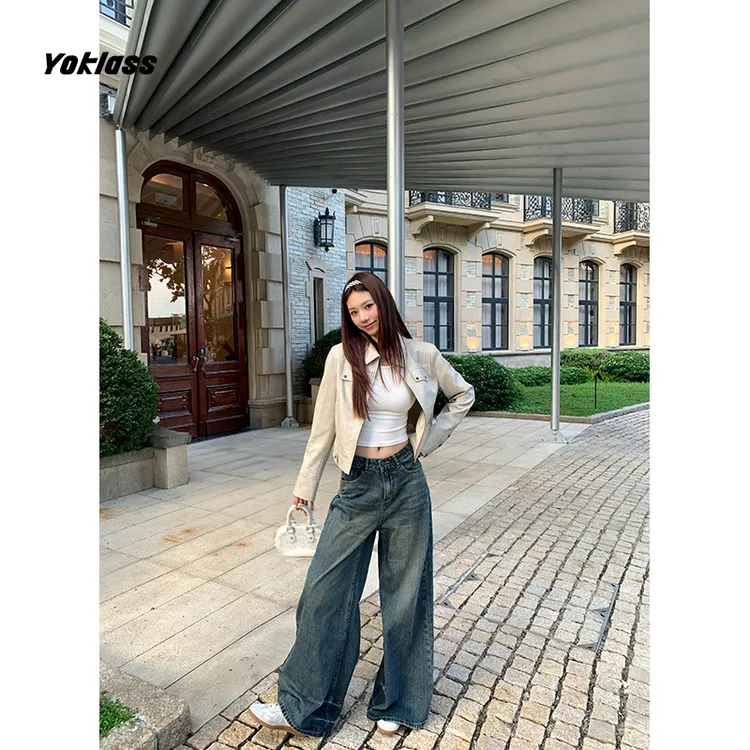 王少女YOKLASS 蓝色时尚气质宽松百搭直筒阔腿牛仔裤 H37182S53