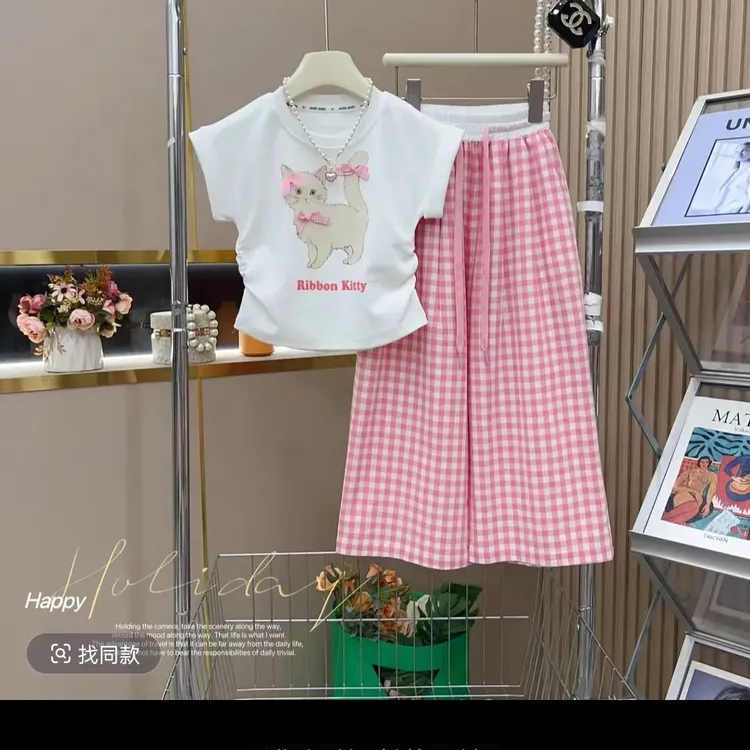 女童短袖套装夏装2025新款中大童网红韩版T恤休闲格子裤两件套薄