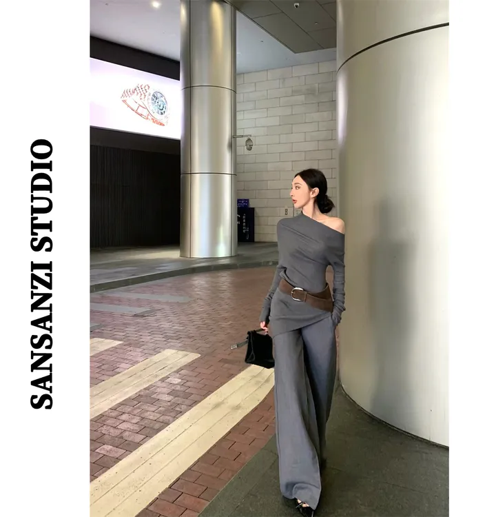 SANSANZI复古设计感斜肩长袖针织衫女冬季松紧腰宽松阔腿裤两件套