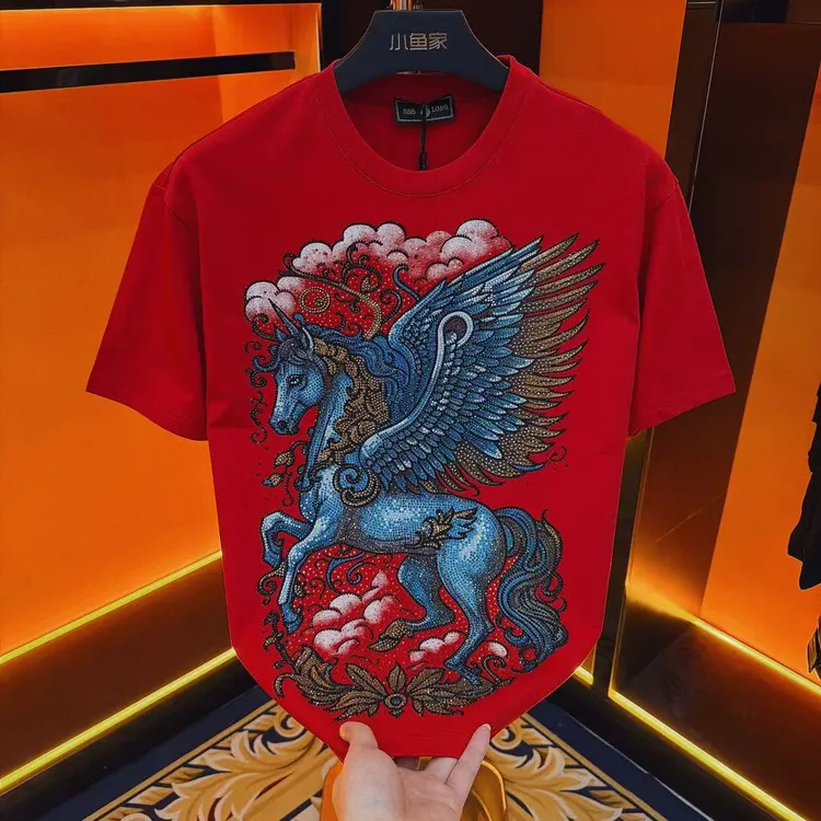 辰星优选马年新款时尚圆领炫彩透气奥钻情侣运动短袖