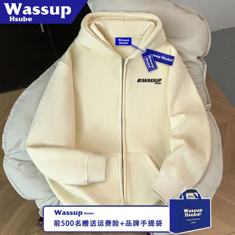 WASSUP HSUBE潮流简约字母几何宽松情侣拉链印花长袖秋冬连帽上衣