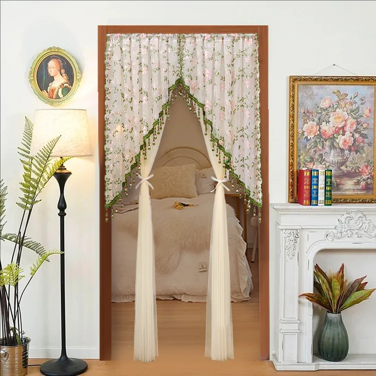 618-【繁花加纱】免打孔重工吊珠纱帘夏季防蚊门帘营造刺绣氛围感