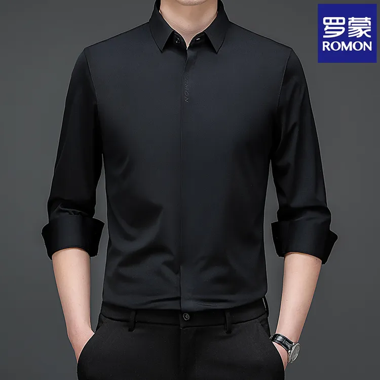 Romon/罗蒙【高档双门襟】男士长袖衬衫商务休闲无痕轻奢衬衣A182