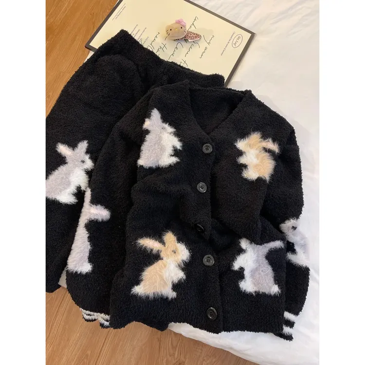 韩系炸毛兔子针织半边绒睡衣女秋冬新款保暖加绒加厚家居服套装