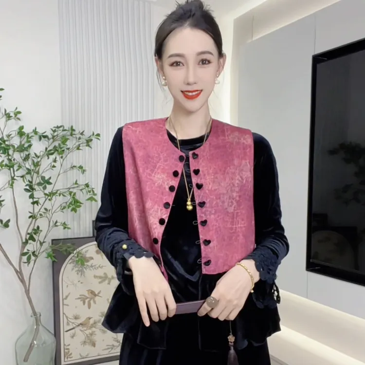 【掌柜特定】新中式老钱风欢喜马夹秋装新款丝绒拼接下摆双排扣潮