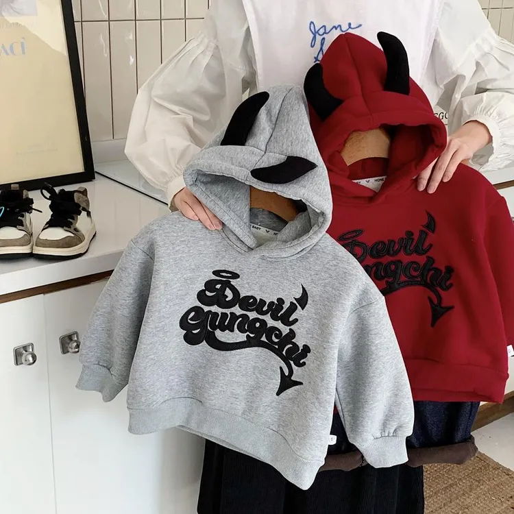 全棉时代儿童连帽卫衣加绒男童冬款上衣小童字母帽衫男童打底卫衣