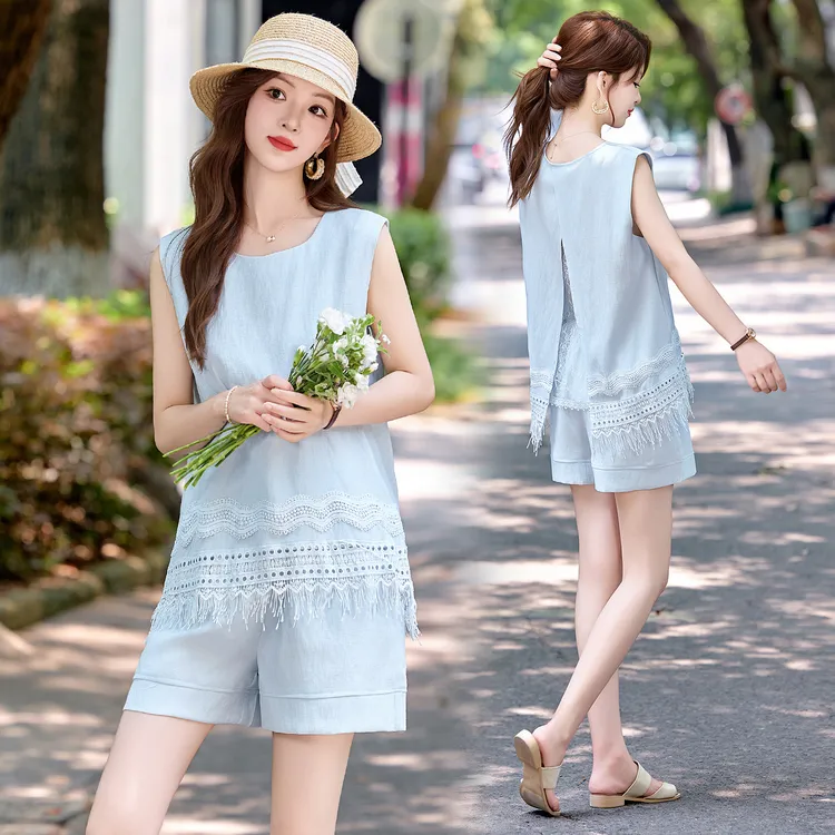 欧洲站蕾丝流苏背心麻料套装女2025夏季慵懒风后背开叉短裤两件套