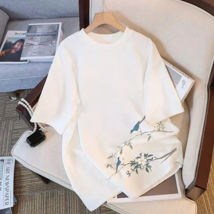 100%纯棉白色短袖t恤女2025新款爆款夏季国风高级感宽松大码上衣