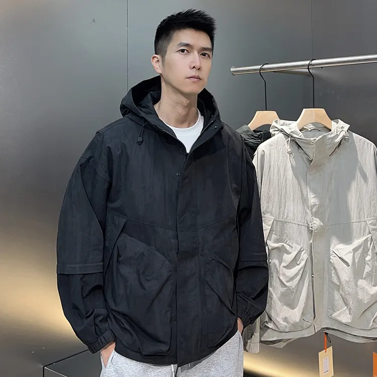 2025新款高品质定制褶皱面料连帽夹克男春秋宽松立体工装做旧外套