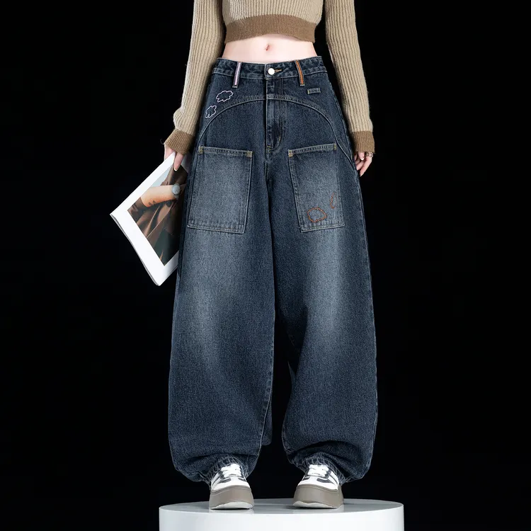 刺绣弯刀牛仔裤女2025新款秋冬裤子阔腿裤复古宽松美式长裤高级感