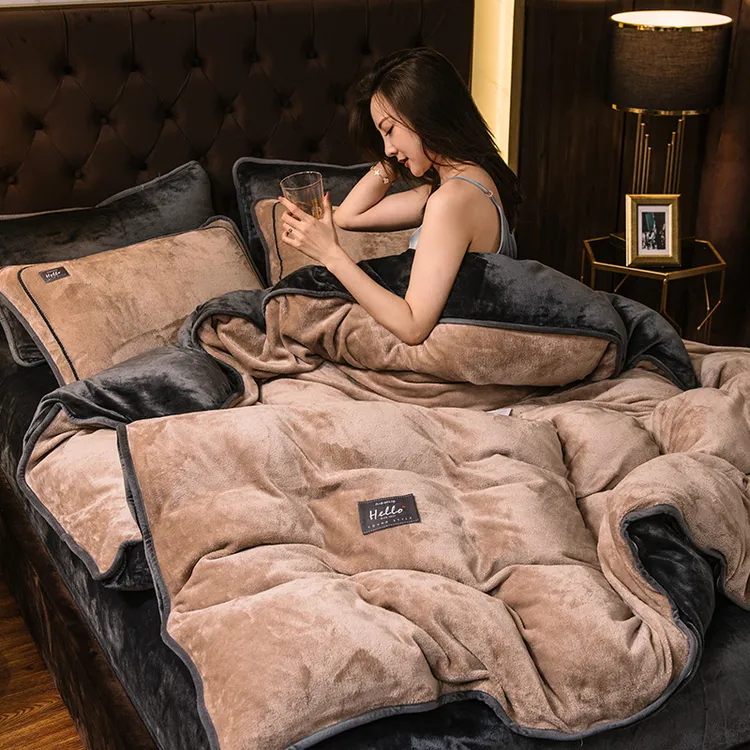 水星高端适用家纺牛奶绒珊瑚绒四件套冬季加厚保暖双面法兰绒被套