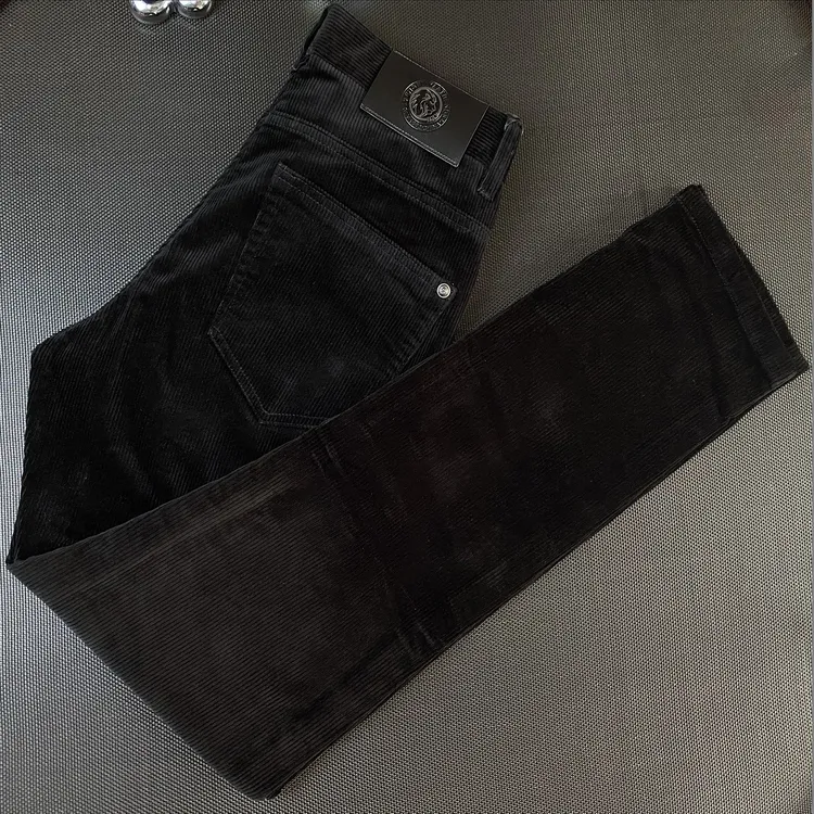 高级感纯黑色条绒休闲长裤子男显瘦修身小脚裤青年百搭灯芯绒男裤