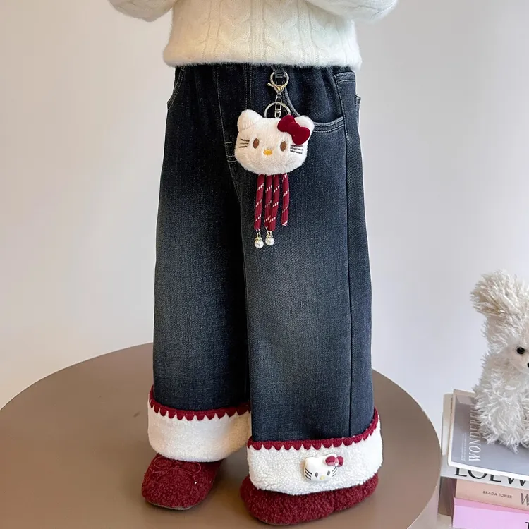 童冬季加绒牛仔裤儿童一体绒直筒裤女孩卡通猫咪挂件加厚裤子潮